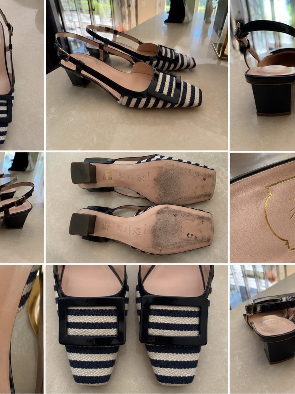 Striped Navy & White Slingback Block Heel Shoes